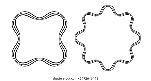 Conjunto de líneas onduladas radiales de forma circular y cuadrada para marcos y bordes decorativos. Arte vectorial.