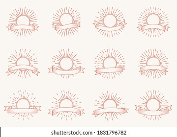 Set of radiant sun burst shapes banners. Design element vintage hipster style light rays frame for retro logo or emblem. Doodle of sunburst with space for text and ribbon Isolated vector illustration