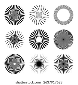 Set of radiant sunburst elements. Sunray design collection, radial lines, light beam circles, vector illustration.