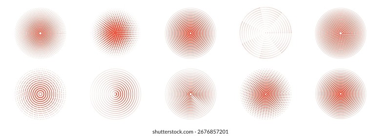 Set of radiate echo patterns. Red concentric circular and radial shockwave collection. Abstract vector round, ripple, signal elements.