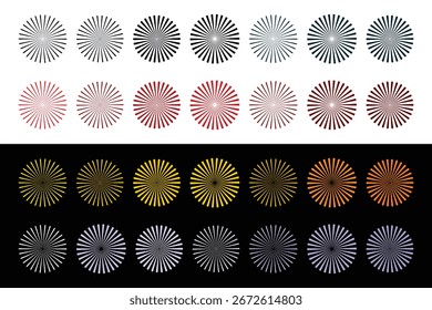 Conjunto de Elementos Gráficos Circulares Radiantes em Várias Cores e Sombras.