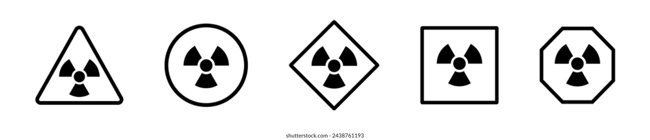 Set of radiation hazard black vector signs. Radioactive irradiation warning. Nuclear danger.