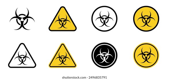 Conjunto de signos de peligro de radiación. Área de radiación. Alerta de amenaza radiactiva. 