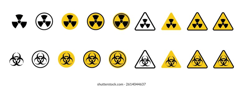 Set of radiation hazard signs. Radiation area. Radioactive threat alert.