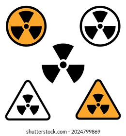 Conjunto de signos de riesgo de radiación. Radiación, señales redondas y triangulares. Alerta de amenaza radiactiva. Área de radiación. Vector.