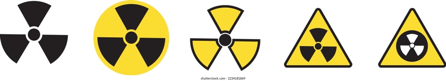 Set of radiation hazard signs. Radiation, round and triangular signs. Radioactive threat alert. Radiation area.