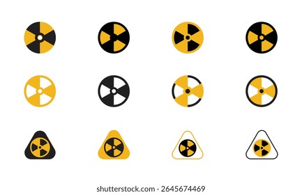A set of radiation hazard symbols in various styles, isolated on a white background. Used to indicate the presence of radioactive materials.