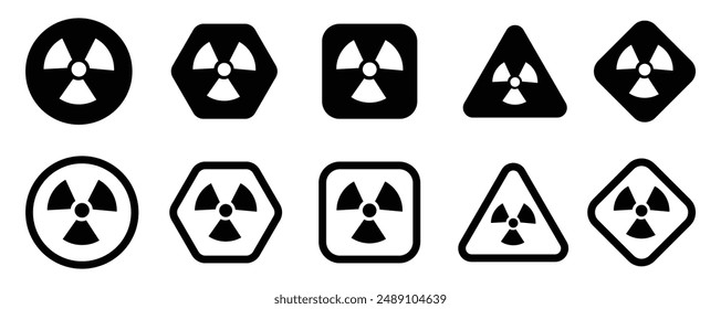 Set of radiation hazard vector icons. Radioactive irradiation warning signs