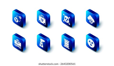 Set Radiation nuclear suitcase, Bones and skull warning, Acid rain radioactive cloud, Radioactive, waste barrel, Nuclear power plant, cargo train and exchange energy icon. Vector