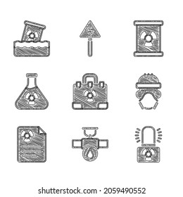 Set Radiation nuclear suitcase, Industry pipe and valve, Radioactive warning lamp, Nuclear reactor worker, document, Test tube radiation, waste barrel and  icon. Vector