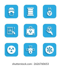 Set Radiation nuclear suitcase, Industry pipe and valve, Atom, Radioactive, waste in barrel, electrical plug and Nuclear reactor worker icon. Vector