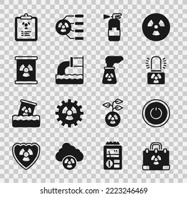 Set Radiation nuclear suitcase, Power button, Radioactive warning lamp, Fire extinguisher, Wastewater, waste barrel, document and Nuclear power plant icon. Vector