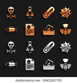 Set Radiation warning document, Bacteria, Radioactive, waste barrel, Puffer fish, Thermometer, Bones and skull and Bottle with potion icon. Vector