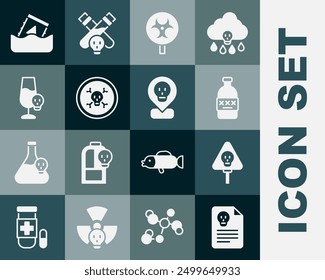 Set Radiation warning document, Bones and skull, Poisoned alcohol, Biohazard symbol, Radioactive waste barrel and location icon. Vector