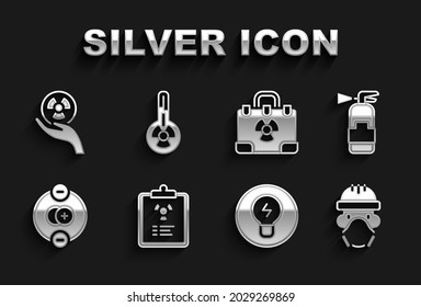 Set Radiation warning document, Fire extinguisher, Nuclear reactor worker, Light bulb with concept of idea, Atom, nuclear suitcase, Radioactive and Meteorology thermometer icon. Vector