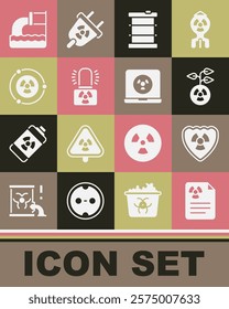 Set Radiation warning document, Radioactive shield, waste barrel, lamp, Wastewater and Nuclear laptop icon. Vector