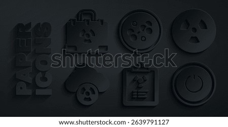 Set Radiation warning document, Radioactive, Acid rain and radioactive cloud, Power button, Molecule and nuclear suitcase icon. Vector