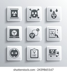 Set Radiation warning document, Truck with radiation materials, Radioactive waste barrel, exchange energy, Electrical outlet, Nuclear laptop,  and Acid rain and radioactive cloud icon. Vector