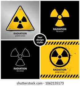 set of radiation warning symbols containing four unique design elements in different variations: gradient, flat, line and grunge style, eps10 vector illustration