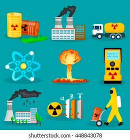 Set of radiation waste icons in flat cartoon style