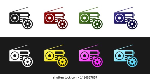 Set Radio with antenna and gear icon isolated on black and white background. Adjusting app, service concept, setting options, maintenance, repair, fixing. Vector Illustration Set Radio with antenna and gear icon isolated on black and white background. Adjusting app, service concept, setting options, maintenance, repair, fixing. Vector Illustration