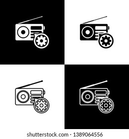Set Radio with antenna and gear icons isolated on black and white background. Adjusting app, service concept, setting options, maintenance, repair, fixing. Vector Illustration