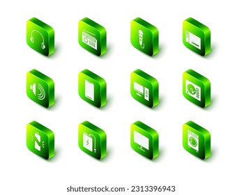Set Radio with antenna, Microphone, Graphic tablet, Vinyl player, Washer, Computer monitor, screen and Power bank charge cable icon. Vector