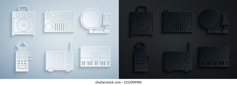 Set Radio with antenna, Microphone, Piano, DJ remote for playing and mixing music and Guitar amplifier icon. Vector