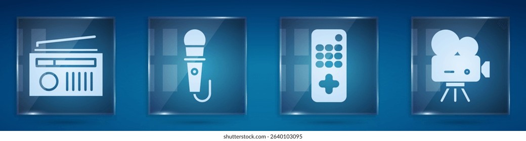 Set Radio with antenna, Microphone, Remote control and Retro cinema camera. Square glass panels. Vector