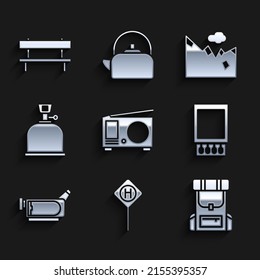 Set Radio With Antenna, Parking, Hiking Backpack, Open Matchbox And Matches, Cinema Camera, Camping Gas Stove, Mountains And Bench Icon. Vector