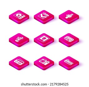 Set Radio with antenna, Photo camera, Camera roll cartridge, Music synthesizer, Pager, Wrist watch and Cigarettes pack box icon. Vector