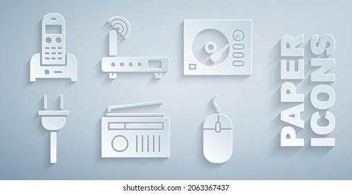 Set Radio with antenna, Vinyl player, Electric plug, Computer mouse, Router and wi-fi signal and Telephone icon. Vector