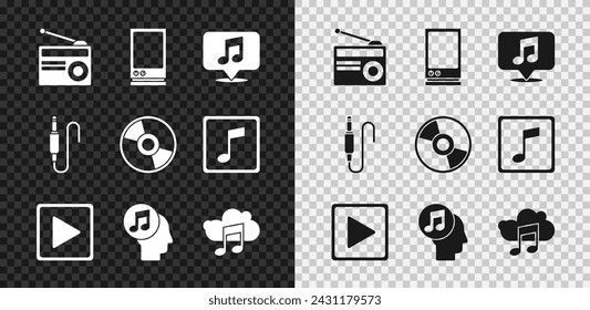 Set Radio with antenna, Voice assistant, Musical note in speech bubble, Play square, human head, streaming service, Audio jack and CD or DVD disk icon. Vector