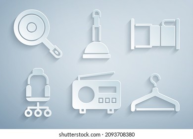 Set Radio, Bed, Office chair, Hanger wardrobe, Rubber plunger and Frying pan icon. Vector