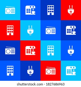 Set Radio, Coffee machine, House and Electric plug icon. Vector.
