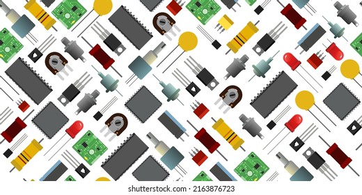 Set of radio components. Background image. Seamless pattern. Element for radio circuit. Object isolated on white. Electronics detail. Vector.