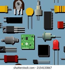 Set of radio components. Background picture. Element for radio circuit. Electronics detail. Seamless pattern. Vector