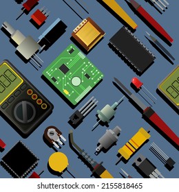 Set of radio components. Background picture. Element for radio circuit. Seamless pattern. Electronics detail. Vector.