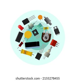 Set of radio components. Element for radio circuit. Electronics detail. Scattered in disarray. Object isolated on white background. Logo and logotype. Vector.