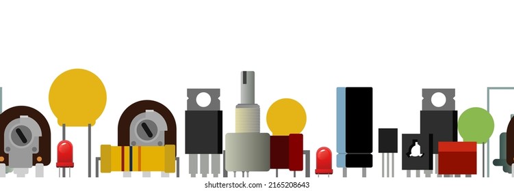 Set of radio components. Element for radio circuit. Seamless frame. Object isolated on white background. Electronics detail. Vector