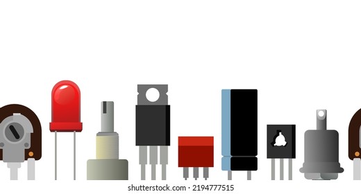 Set of radio components. Element for radio circuit. Object isolated on white background. Seamless frame. Electronics detail. Vector.