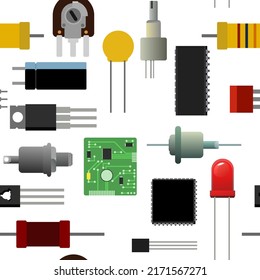 Set of radio components. Seamless pattern. Background image. Element for radio circuit. Object isolated on white. Electronics detail. Vector.