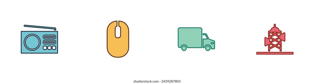 Set Radio, Computer mouse, Delivery cargo truck and Antenna icon. Vector