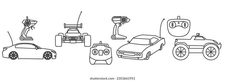 Set of Radio controlled car with control joystick, the toy car with a remote control,Rc design. Electric buggy, toy, auto radio control, vector design and illustration of rc car icon, 