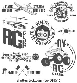 Set of radio controlled machine emblems,RC, radio controlled toys design elements for emblems, icon, tee shirt ,related emblems, labels