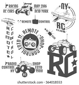 Set of radio controlled machine emblems,RC, radio controlled toys design elements for emblems, icon, tee shirt ,related emblems, labels