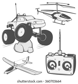 Set of radio controlled machine,RC, radio controlled toys design elements for emblems, icon, tee shirt ,related emblems, labels