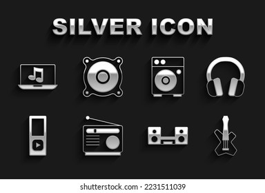 Set Radio, Headphones, Electric bass guitar, Home stereo with two speakers, Music player, Guitar amplifier, Laptop music and Stereo icon. Vector