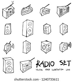 Set of Radio icon Drawing illustration Hand drawn doodle Sketch line vector