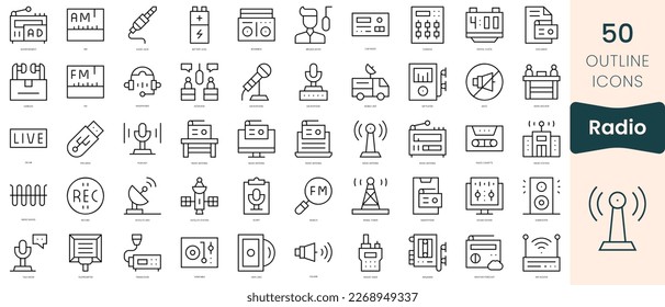 Conjunto de iconos de radio. Iconos de estilo lineal delgado Empaquetar. Ilustración vectorial